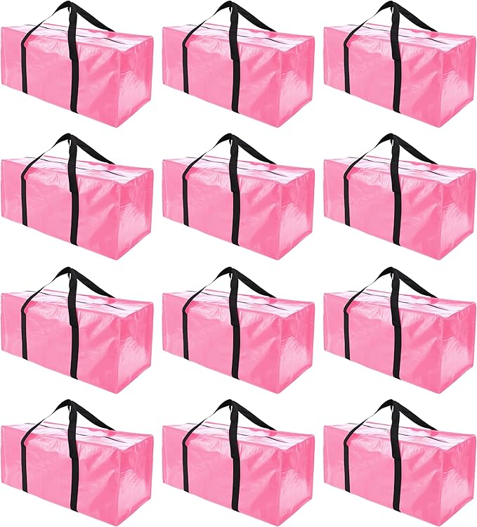 12 Pack Extra Large Moving Bags with Zippers & Carrying Handles, Heavy-Duty Storage Tote for Space Saving Moving Storage, Fold Flat, Alternative to Box and Bin,Pink