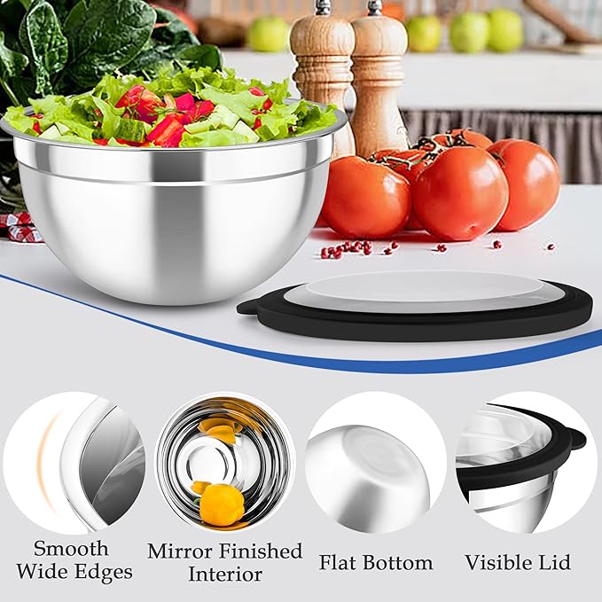 TeamFar Mixing Bowls, 4.5/3/1.5 QT Stainless Steel Nesting Salad Bowls with Airtight Lids, For Serving/Mixing/Storing/Prepping, Non-Toxic & Sturdy, Visible & Easy Clean, Black, Set of 3