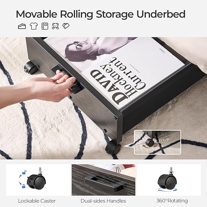 Under Bed Storage with Wheels, Wooden Under Bed Drawers On Wheels, Rolling Under Bed Shoe Storage, Space Saving, Black,50L