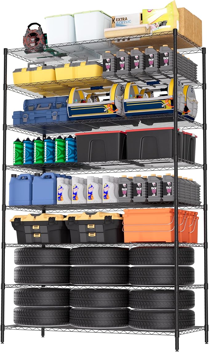 Finnhomy 4000LBS 8-Tier Wire Shelving Unit Adjustable Steel Wire Rack, 24x48x80.2 Inches 8 Shelves Metal Rack, Pantry Shelves for Storage, Metal Garage Shelving with 1" Pole, NSF Certified, Black