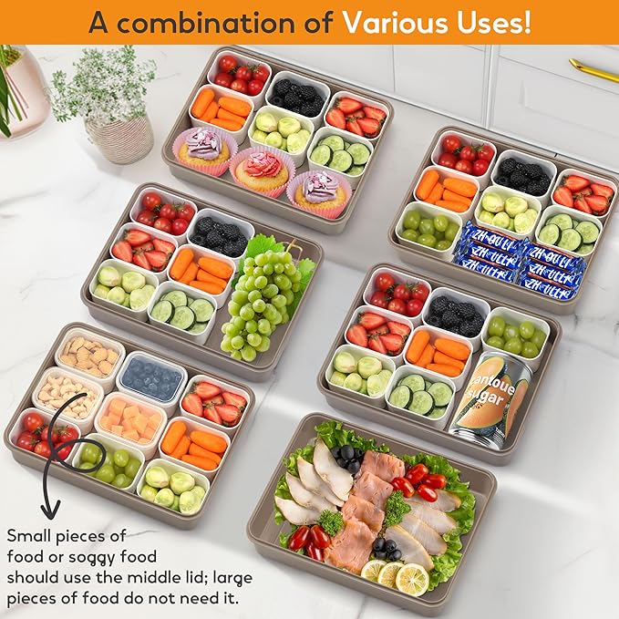 Snackle Box Container for Adults with 9 Compartment, Divided Serving Tray Snack Box Containers with Lid and Handle, Charcuterie Boxes Portable Snack Platter for Fruit Veggie Party Travel, Brown