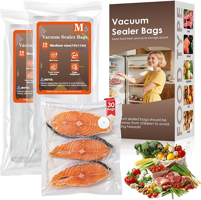 Elxis Reusable Vacuum Sealer Bags for Food – 30 Medium (10 x 11 in) –Odor-Resistant, Leak-Proof-Microwave – Compatible with Elxis Vacuum Sealers