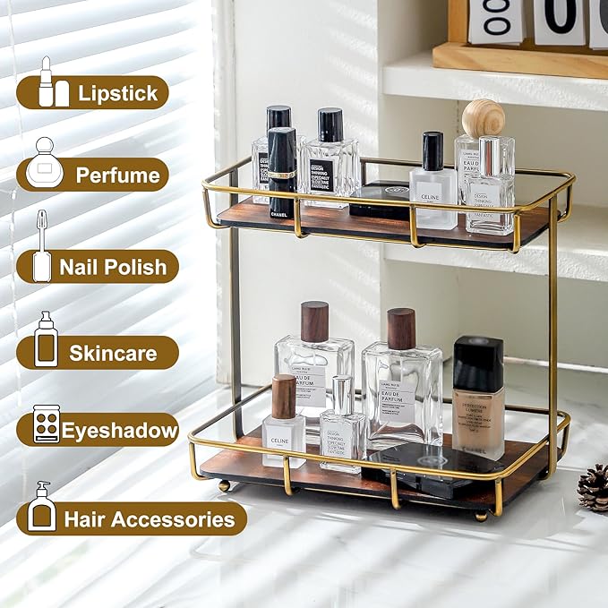Dobbyby Bathroom Organizer Countertop Perfume Organizer Makeup Organizer Cosmetics Storage Display Rack Vanity Tray Dresser Stainless Steel Gold Shelf Wooden Tray