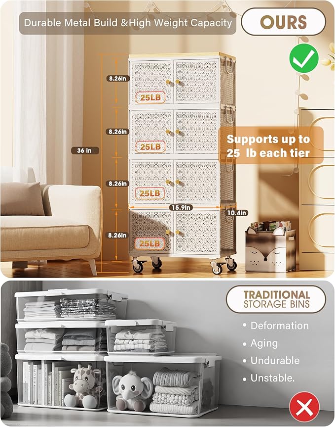 4 Tier Metal Storage Cabinet with wheels, Storage Bins with Magnetic Doors, Storage Cart for Living Room, Bedroom, Bathroom, Laundry, Kitchen