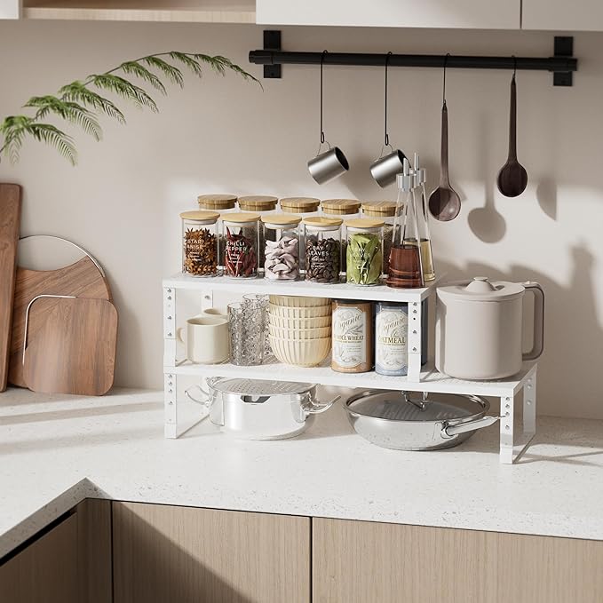 Zilvando Expandable Spice Rack & Kitchen Cabinet Organizer - Stackable, Adjustable Shelves for Cabinets, Countertops, Cupboards & Pantries(1 Pack/Large/White)