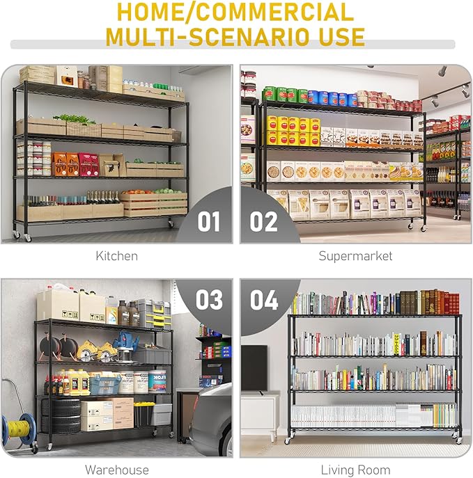 Karl home 4-Tier Metal Storage Shelves, Adjustable Wire Shelving Unit with Wheels & Leveling Feet, Heavy Duty Garage Shelving, Pantry & Kitchen Display Shelf Organizer, Home Storage Rack