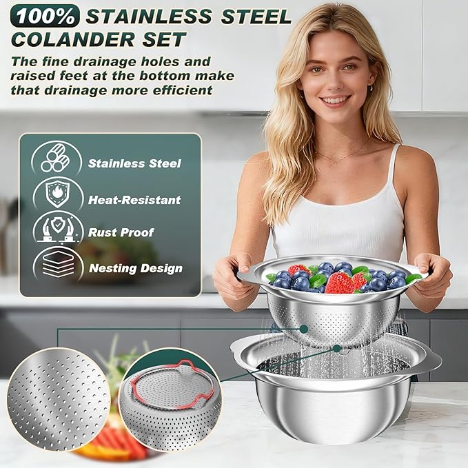 Stainless Steel Colanders with Mixing Bowl - 2.0QT & 2.0QT Strainer and Colander with Handle, 3.0QT Nesting Kitchen Bowl with Colander For Pasta, Vegetables, Fruit, Rice