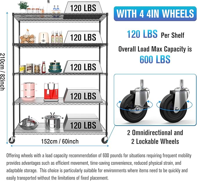5 Tier NSF Wire Shelf Shelving Unit, 24 x 60 x 82 Inch 7500lbs Capacity Heavy Duty Adjustable Storage Metal Rack with Wheels/Leveling Feet & Shelf Liners, Ideal for Garage, Kitchen, and More - Black