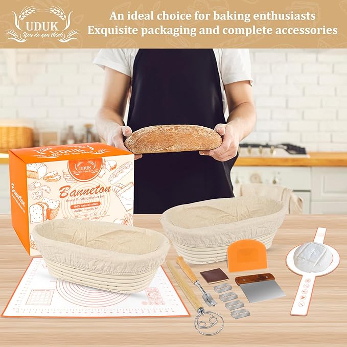 UDUK Sourdough Starter Kit - Bread Proofing Basket Set with 9.6" Oval Banneton Baskets x2, Silicone Bread Sling Baking Mat, Whisk Cutter Scraper Lame - Ideal Sourdough Bread Baking Supplies