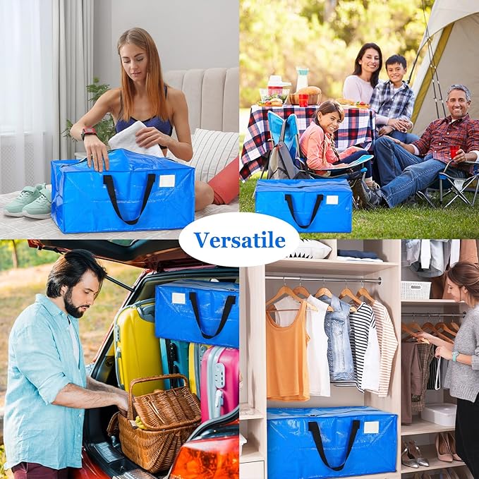 4 Pcs 24 Gallon Extra Large Moving Bags Heavy Duty Storage Bag with Strong Zipper Handle Foldable XXL Jumbo Storage Tote Packing Moving Box for College Dorm Travel Cloth Duffle (Blue)