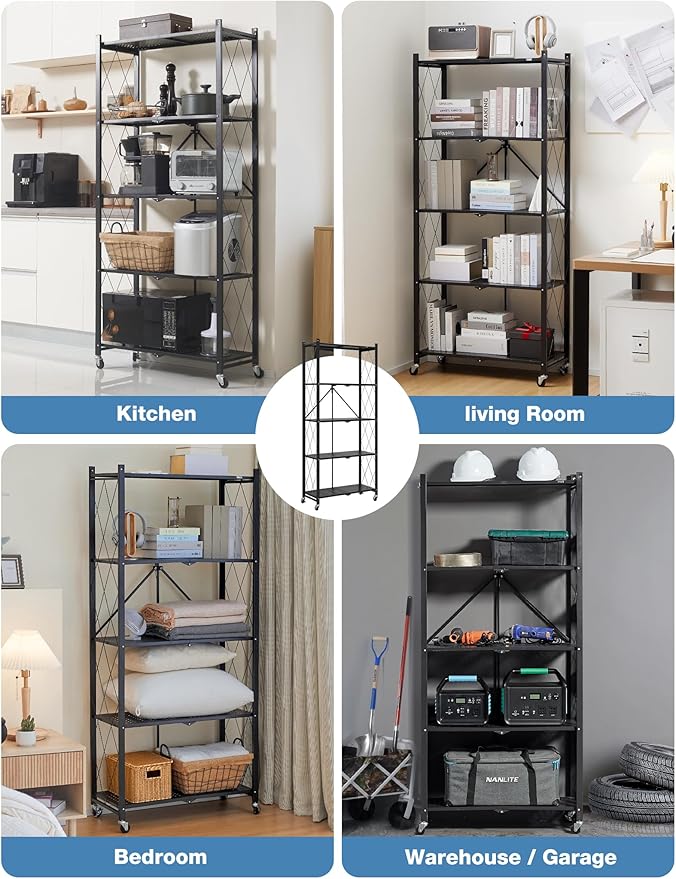ALANNG 70.7" H Metal Storage Shelves, 5 Tier Folding Shelf on Wheels, Heavy Duty, No Assembly, Rolling, Collapsible Rack Unit for Kitchen, Basement, Pantry (Black,4 Pack)