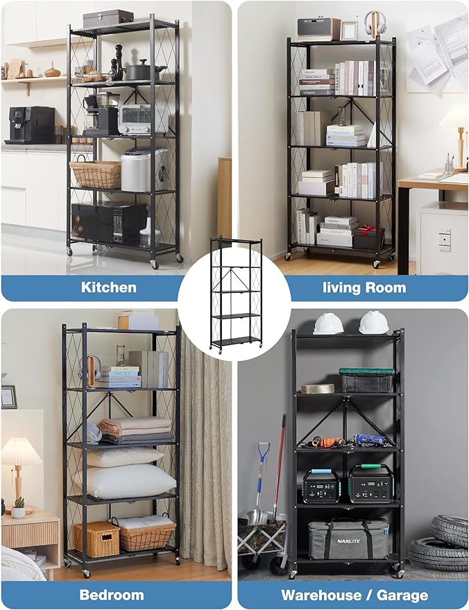 ALANNG 70.7" H Metal Storage Shelves, 5 Tier Folding Shelf on Wheels, Heavy Duty, No Assembly, Rolling, Collapsible Rack Unit for Kitchen, Basement, Pantry (Black,2 Pack)