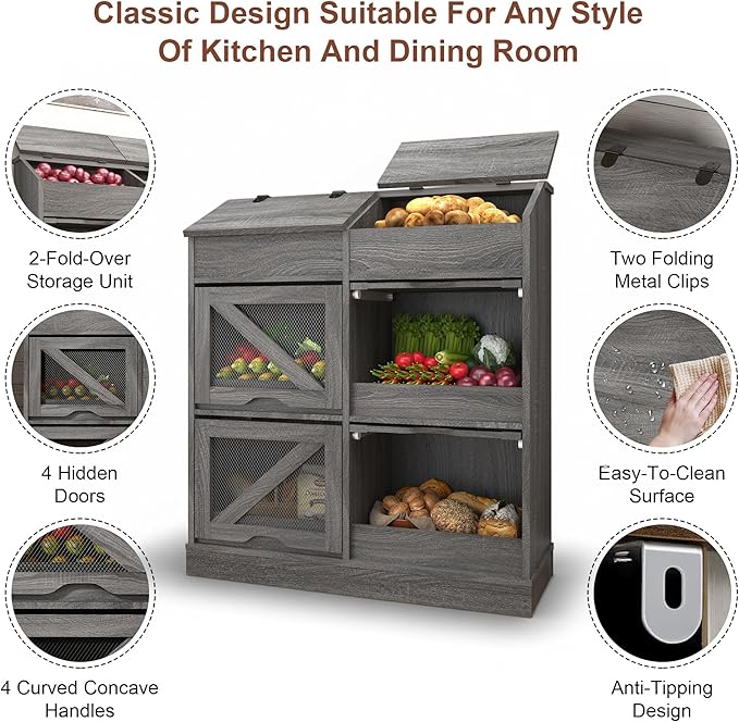 Potato Storage Bin Bread Box with Lid,Rustic Onion&Fruit Organizer with Wood Hidden Door,Farmhouse Grocery Section Decorative,Vegetable Organization Cabinet W/Mesh Door for Kitchen Dining Room(Grey)