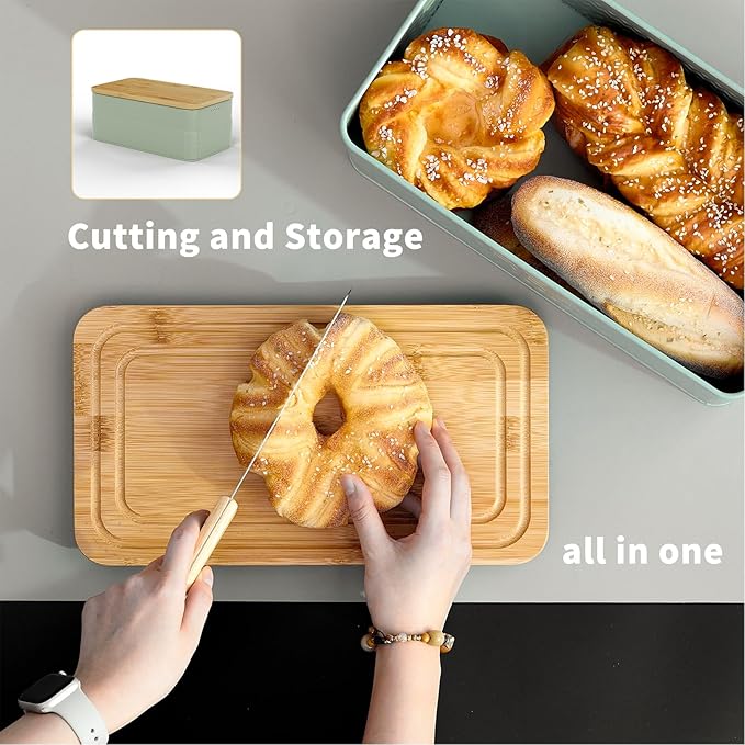 Bread Box for Kitchen Countertop,Metal Bread Storage Bin with Bamboo Cutting Board Lid, Includes Bread Knife, Fits Sourdough & Buns, Stylish Organize (Green)