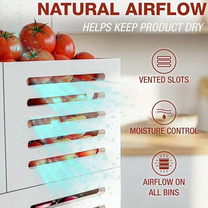 HOMESTEAD Stackable Solid Wood Storage Bins for Kitchen Pantry & Countertop, Ventilated Potato and Onion Basket Organizer with Handles, Wooden Produce Storage Containers, 3-Pack, White