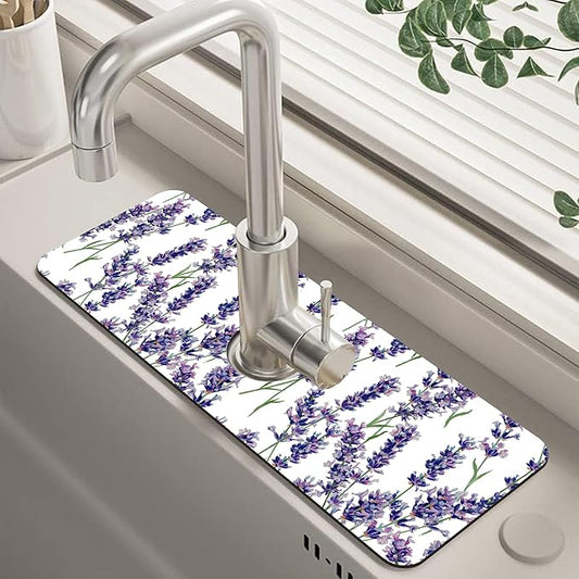 Watercolor Lavender Bunches Kitchen Sink Splash Guard Mat Absorbent Fast Drying Mat Faucet Draining Mat Sink Splash Guard Behind Faucet Drip Catcher for Kitchen Bathroom 5.5"×15"