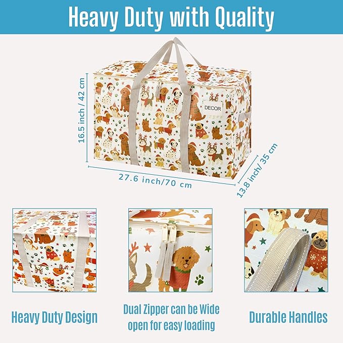 VENO 4 Pack Moving Bags and Large Christmas Storage Bins with lids. Alternative to Moving Boxes, Packing Supplies for College. Extra Large Heavy Duty Totes for Packaging (Holiday Pups, 4 Pack)