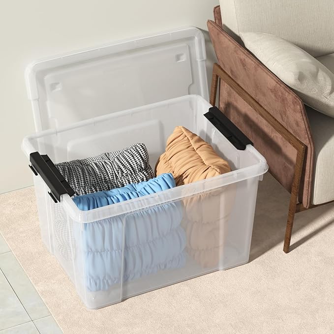 4-Pack 50 L Wheeled Clear Plastic Storage Latch Box, Large Clear Storage Bin with Lid