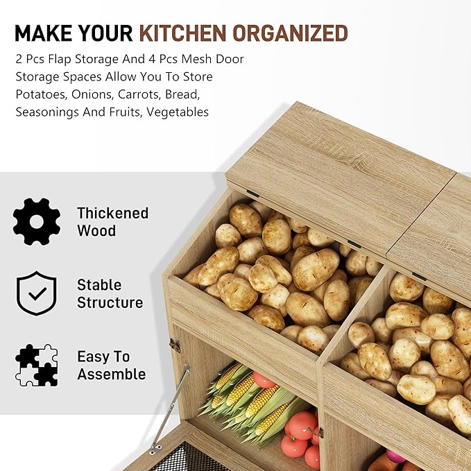 Large Wood Bread Box for Potato,Onion.Veggie Bin W/6 Large Storage Box.Root Vegetable Storage Box For Kitchen,Farmhouse Potato Storage Bin W/4 Mesh Doors,Bread Keeper for Toast,Bagel,Donut,Cookies