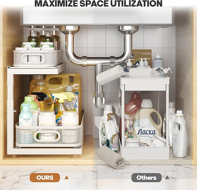 Biboraya 2-Pack 21.3 IN Depth Under Sink Organizer With Next-Gen Ball-Bearing Slides,Sophisticated Mesh 2-Tier Pull Out Shelf for Kitchen & Bathroom,Fits Small Items-Gun Gray
