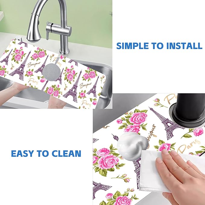 Romantic Eiffel Tower Roses Kitchen Sink Splash Guard Mat Absorbent Fast Drying Mat Faucet Draining Mat Sink Splash Guard Behind Faucet Drip Catcher for Kitchen Bathroom 5.5"×15"