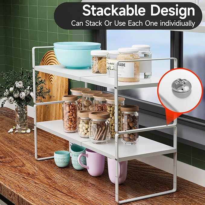 jkxoo 2Pack 16.5-27’’L Expandable Cabinet Shelf Organizers, Stackable Metal Shelves Extender for Kitchen Countertop Storage, Adjustable Spices Shelves Rack Stand for Cupboard Pantry, White