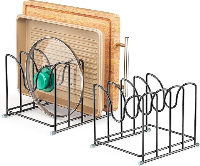 PLUVON Pot Lid Organizer Rack,1.6in Wide Cutting Board Organizer for Pan Lids,Baking Sheets,Cookie Sheets, with 4 Slots,Cutting Board Holder Rack (2PC-Large)