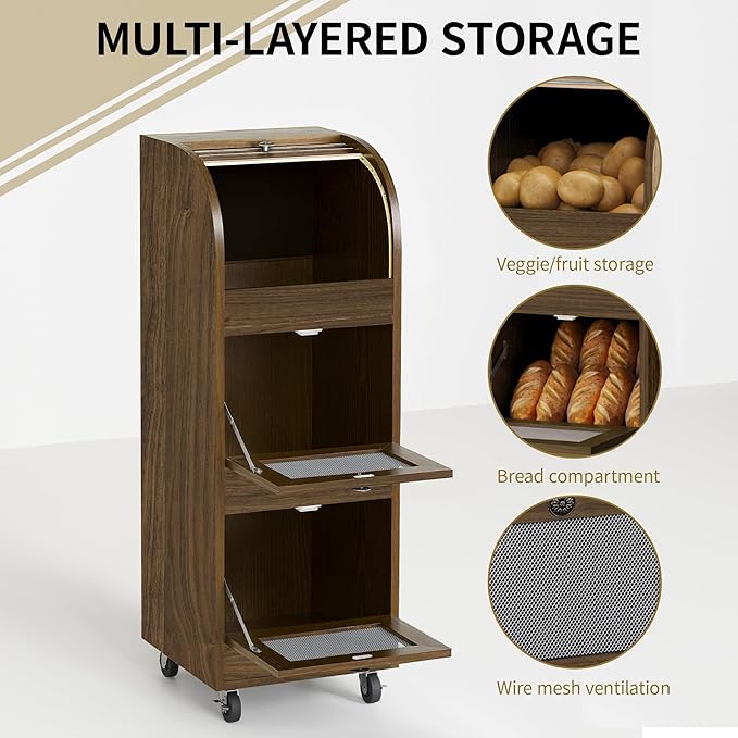 Potato and Onion Storage Bin,Potato Storage Bin Movable Bread Box with Wheels,Root Fruit and Vegetable Storage,Farmhouse Bread Storage Container,Kitchen Pantry Cabinet (Brown)