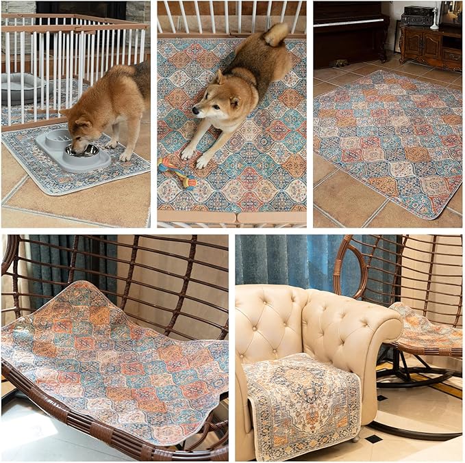 nunubaby Washable Pee Pads for Dogs, Stylish, Non-Slip and Leak-Proof Pee Pads. Reusable Potty Pads for Dogs for Crates and Floors.(Blue/Multi, 24" x48" )