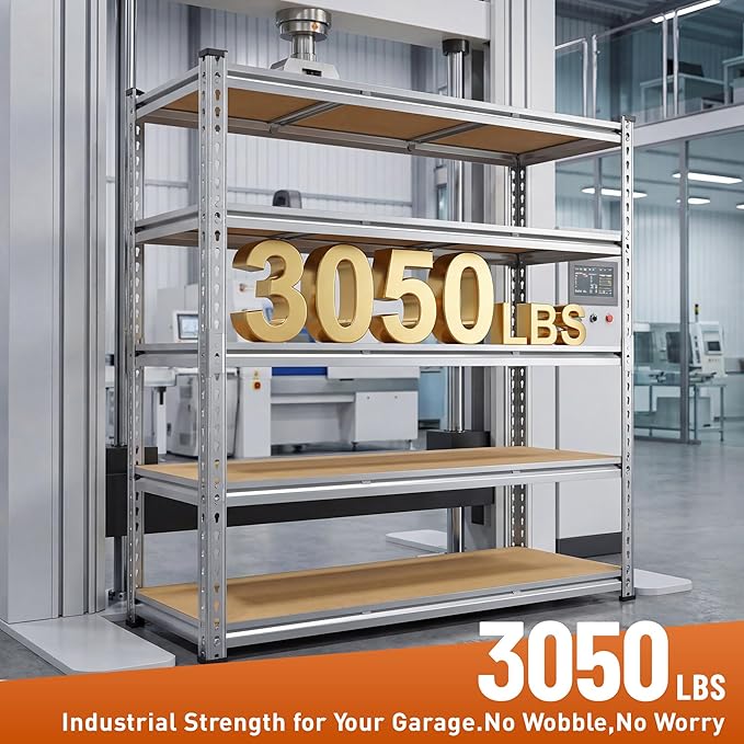 Galvanized Garage Shelving Load 3050LBS, 5-Tier Storage Shelves, Adjustable Garage Storage Shelves, Industrial Shelving, Metal Shelf for Basement, Warehouse, Kitchen, 48" W x 71.9" H x 17.9" D