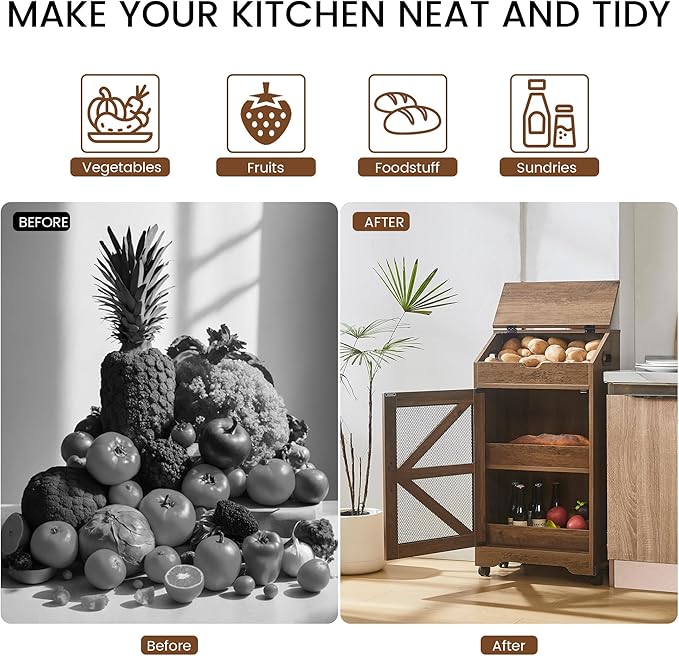 Potato Storage Bin, Large Movable Bread Box with Lid, 3 Tier Vegetable Organizer Cabinets, Decorative Fruit and Vegetable Box for Kitchen (Walnut)