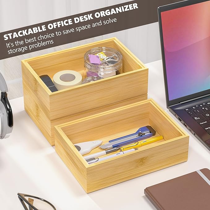 Greatseas Kitchen Drawer Organizer Bins, Stackable Bamboo Drawer Organizer for Silverware, Flatware, Deep Office Desk Drawer Organizer Tray, Desktop Pen, Office Organization 9" x 6" x 2.5" (Set of 2)
