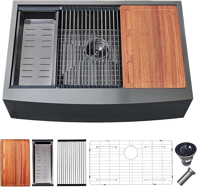 Black Farmhouse Sink 33 Inch - VALISY 33x22 Apron Front Farmhouse Kitchen Sinks 16 Gauge Stainless Steel Undermount Ledge Workstation Deep Single Bowl Luxury Rustic Farm Sinks with All Accessories.