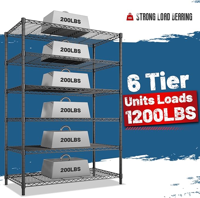 Storage Shelves Metal Shelving Unit 6Tier Wire Shelving Rack 1200LBS Heavy Duty, Adjustable Pantry Shelves, Metal Shelf for Kitchen,Garage Shelving,Closet Shelves,75" Hx 36" Wx 18" D