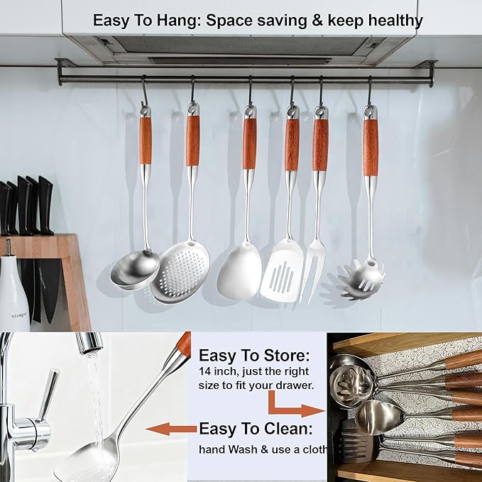 NIITAWH Kitchen Utensils Set Stainless Steel with Wooden Handle,Metal Cooking Utensils Set 12 PCS,Spatulas,Ladle,Skimmer,Tunners,Spaghetti Spoon,Fork,Potato Masher,Egg Whisk,Tongs