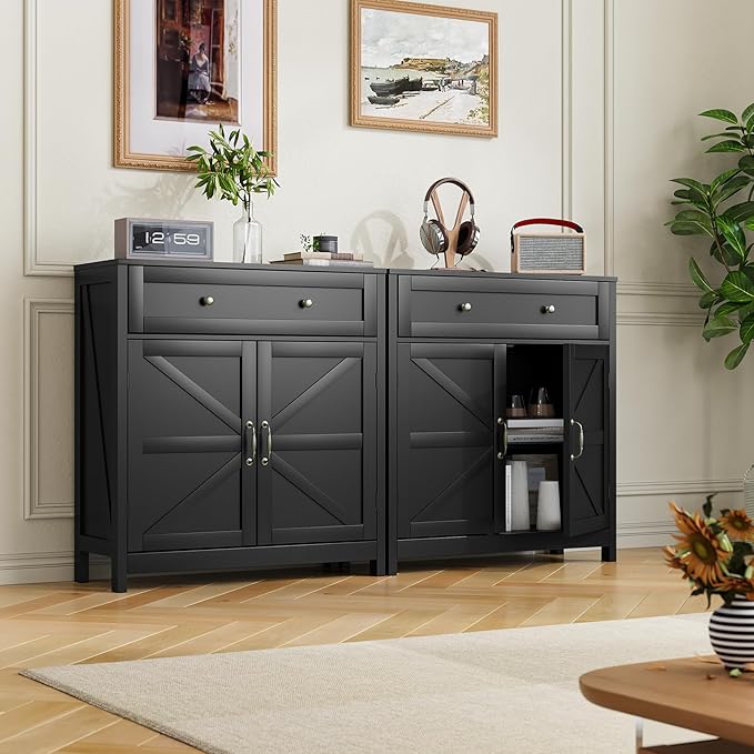 Mino Kesper Buffet Sideboard with 2 Barn Doors,Black Kitchen Cabinet with Adjustable Shelf, Freestanding Floor Storage Cabinet