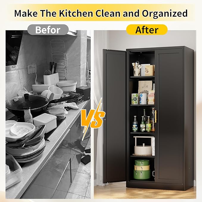 Metal Kitchen Pantry Cabinet, 71"Tall Cabinet with 2 Doors and 4 Adjustable Shelves, Pantry Cabinets for Kitchen Storage, Metal Storage Cabinet for Kitchen, Dining Room, Living Room and Bathroom-Black