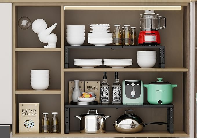 Jojocross Expandable Adjustable Stackable Kitchen Organizer, Spice Rack,Metal Pantry Storage Shelves Racks,Counter Shelf for Cabinets, Countertop, Cupboard(2 Packs/Medium/Black)