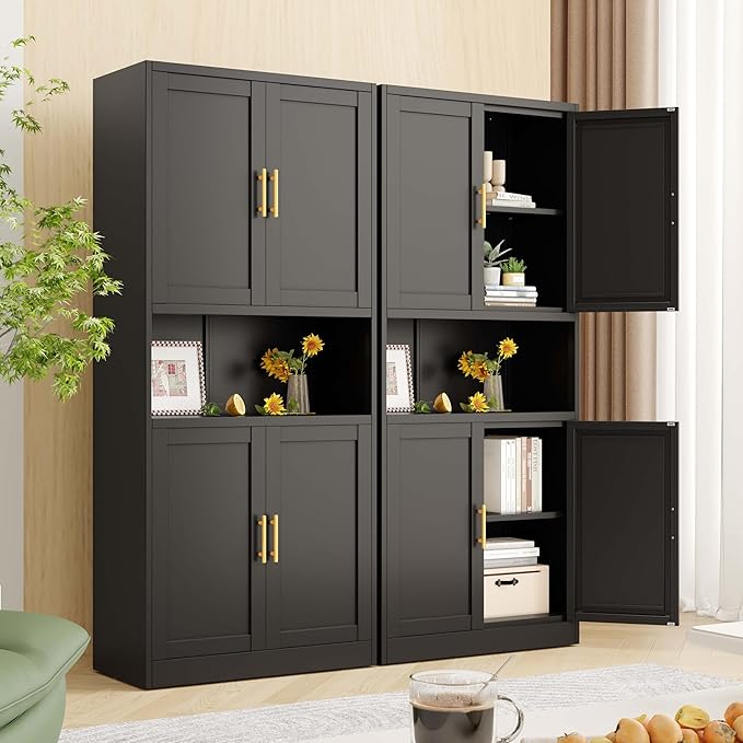 pozdeg 61.02" Kitchen Pantry Cabinet, Large Metal Storage Cabinet with 4 Doors and 1 Open Storage Compartment, Corner Display Organizer with 2 Adjustable Shelves for Kitchen Bedroom or Hallways