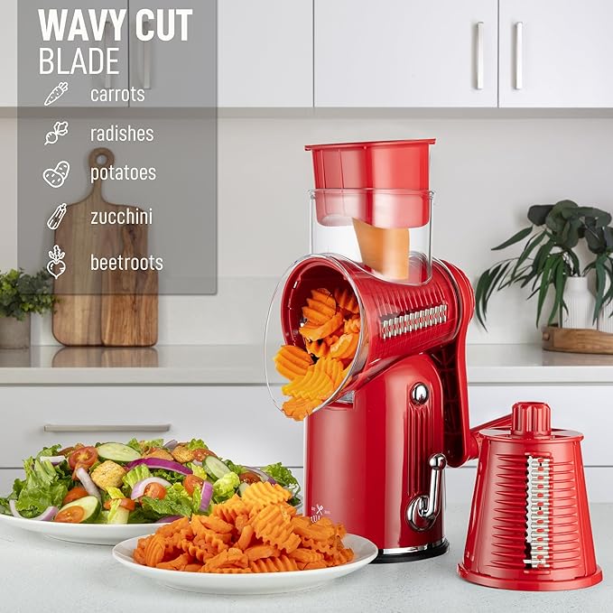 Zulay Kitchen Rotary Cheese Grater 5 Blade Cheese Shredder - Manual Hand Crank Cheese Grater With Reinforced Suction & 5 Interchangeable Drums - Easy to Use, Vegetable Chopper Round Mandoline Slicer