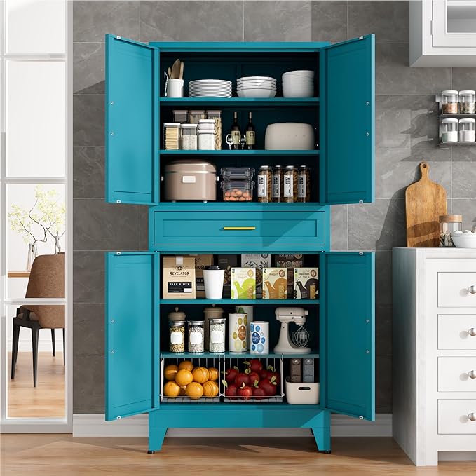 LCAOPC 71" Tall Pantry Storage Cabinet with Drawer and Adjustable Shelves, Freestanding Tall White Kitchen Cupboard Storage Cabinet for Kitchen,Dining Room, Living Room, Blue