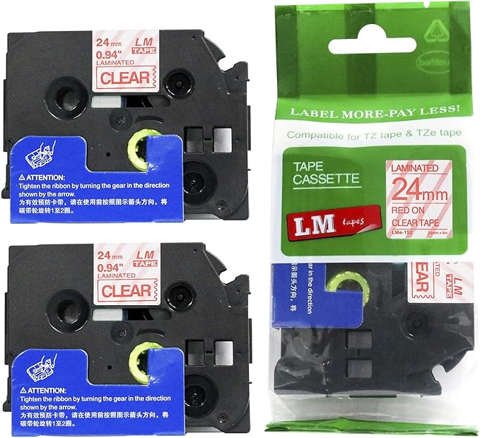 2/Pack LM Tapes - LMe152 Premium 1" Red Print on Clear Label Compatible with Brother TZe-152 P-Touch and Includes Tape Color/Size Guide. Replaces TZe152 24mm 0.94 Laminated