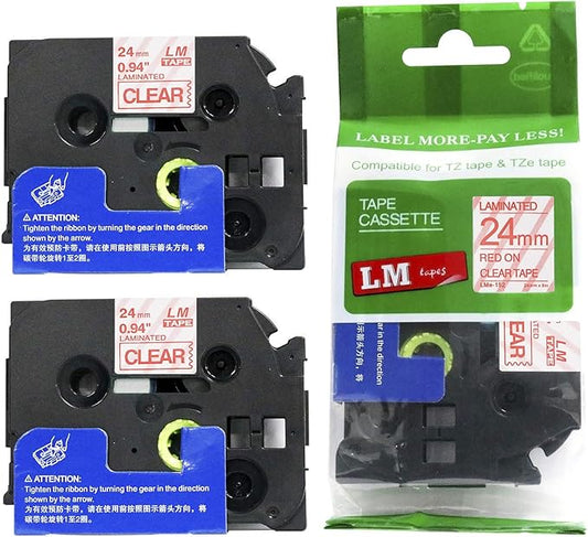 2/Pack LM Tapes - LMe152 Premium 1" Red Print on Clear Label Compatible with Brother TZe-152 P-Touch and Includes Tape Color/Size Guide. Replaces TZe152 24mm 0.94 Laminated