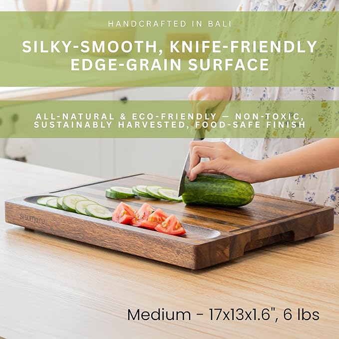 SHUMARU Tropical Walnut Charcuterie & Cutting Board – 17x13x1.6" | Handmade in Bali, Silky-Smooth, Juice Groove, Sorting Compartment, Knife-Friendly, Non-Slip Feet – Perfect Holiday Gift