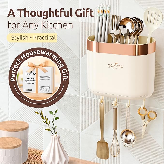 COZYTO LuxTray U1-Pro – Wall Mounted Kitchen Organizer with Hooks, Dividers & Drain Tray, No-Drill Adhesive, BPA-Free – Cream White with Rose Gold or Silver Accent (Cream White & Rose Gold)