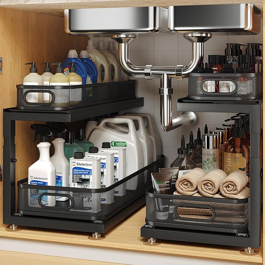 Biboraya 2-Pack 21.3 IN Depth Under Sink Organizer With Next-Gen Ball-Bearing Slides,Sophisticated Mesh 2-Tier Pull Out Shelf for Kitchen & Bathroom,Fits Small Items-Black