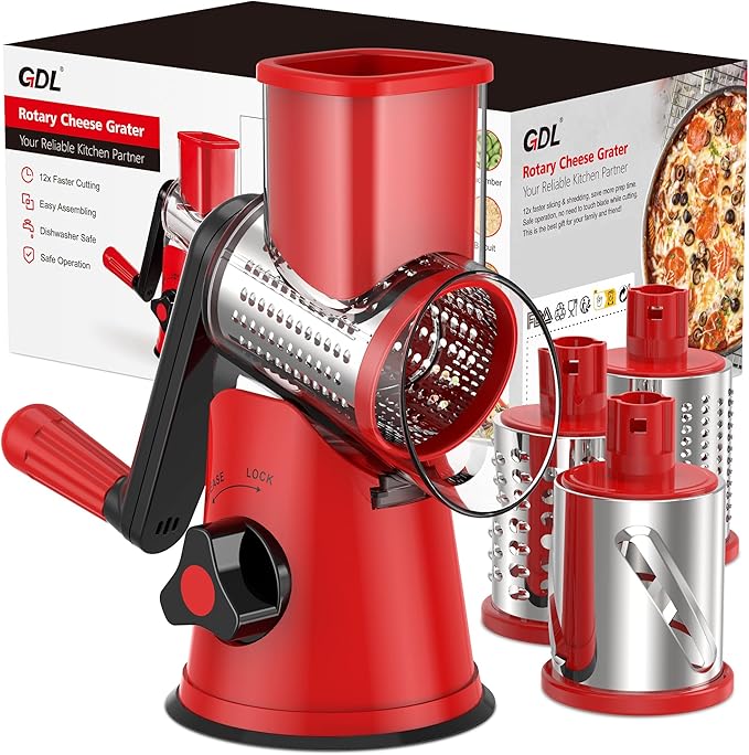 Cheese Grater Rotary, Rotary Grater for Kitchen, Kitchen Grater Vegetable Slicer with 3 Drum Blades, Fast Cutting Cheese Shredder for Vegetables and Nuts
