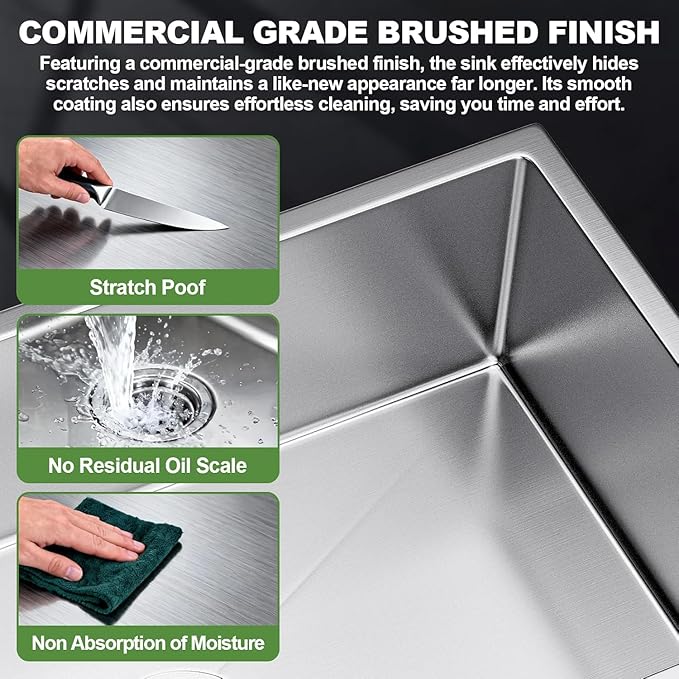 24-inch Single Bowl Kitchen Sink, Drop-in/Top-Mount Stainless Steel with Nano Coating, Includes Drain Kit & Fruit Basket, 24"x18"x8"