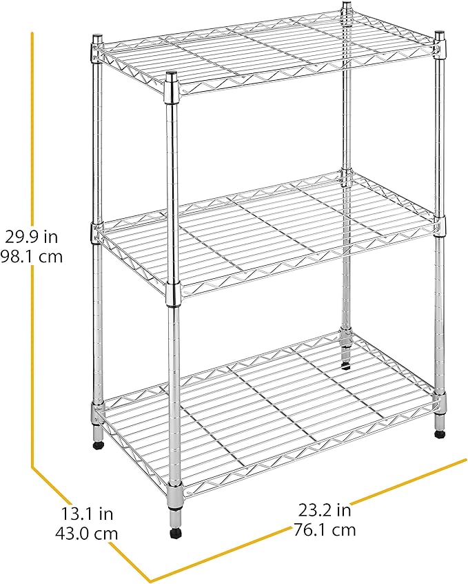 Whitmor 3 Tier Shelving Unit, Metal Storage Shelves, 400 lbs Capacity per Shelf, 1200 lbs Total, Adjustable Heavy Duty Shelf for Kitchen, Garage, Plant, 23" L x 13" W x 30" H, Chrome