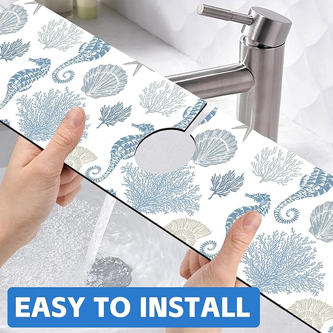 Marine Seashell Seahorse Coral Kitchen Sink Splash Guard Mat Absorbent Fast Drying Mat Faucet Draining Mat Sink Splash Guard Behind Faucet Drip Catcher for Kitchen Bathroom 5.5"×24"